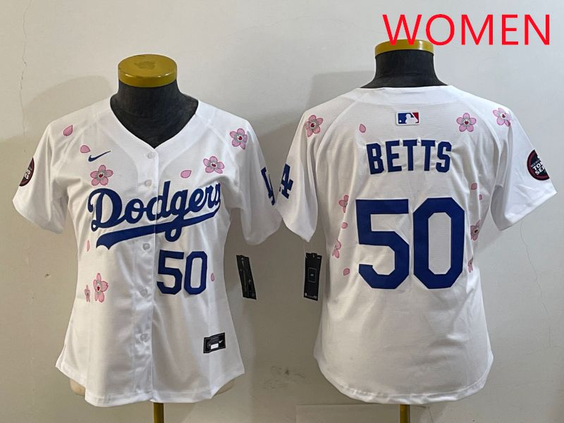 Women Los Angeles Dodgers #50 Betts White Sakura Edition 2025 Nike MLB Jersey style 6
